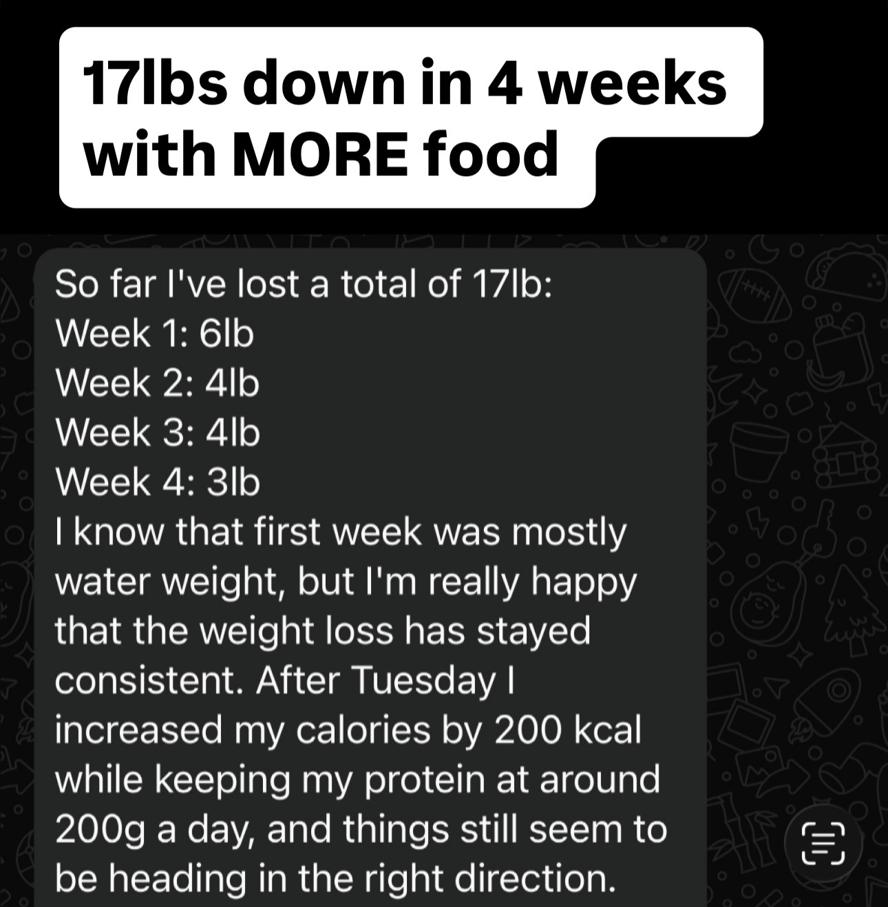 Peter's message: 17lbs down in 4 weeks — 6lb, 4lb, 4lb, 3lb — while increasing calories
