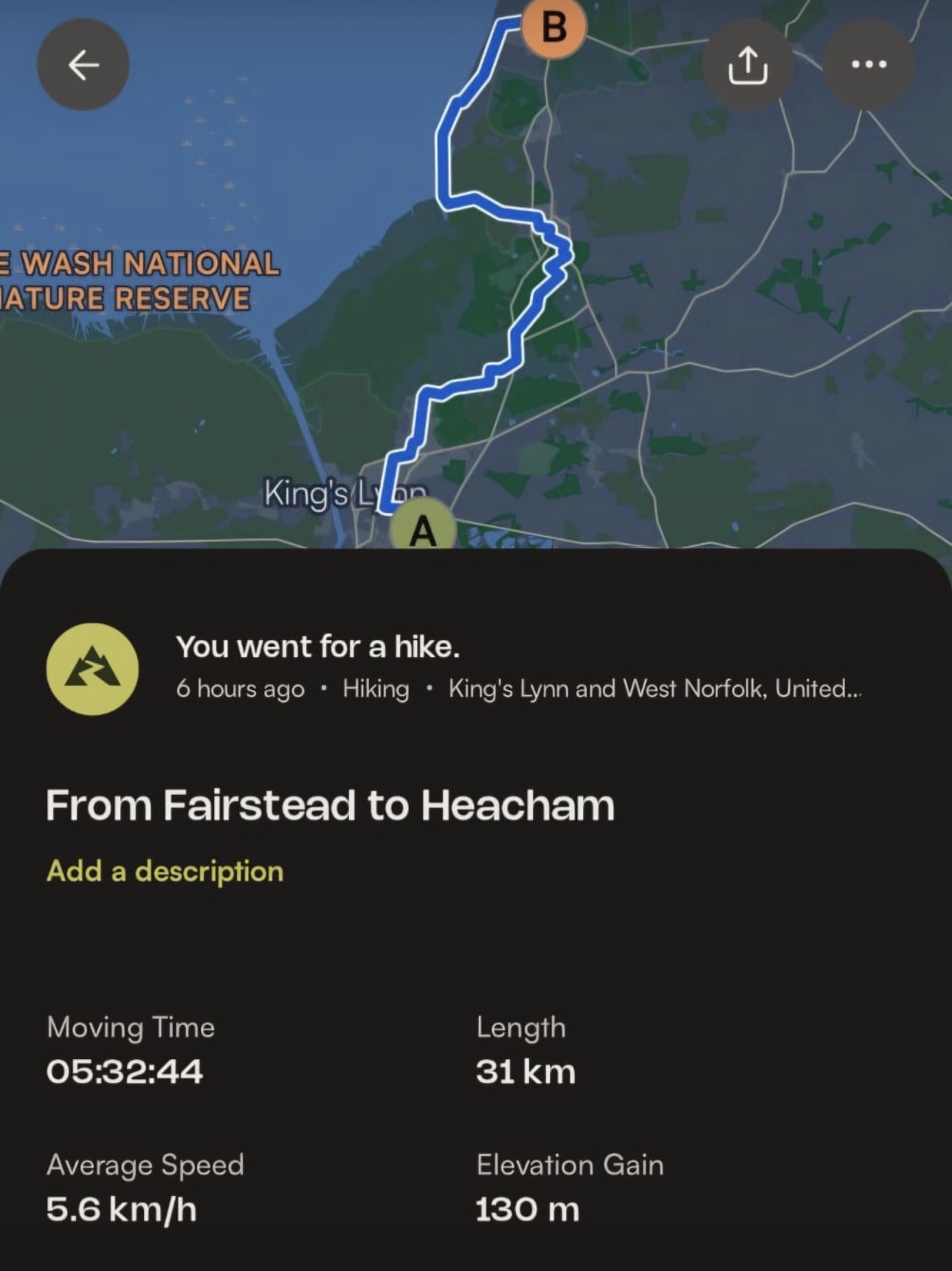 One of Peter's weekly rucks — a 31km weighted walk from Fairstead to Heacham