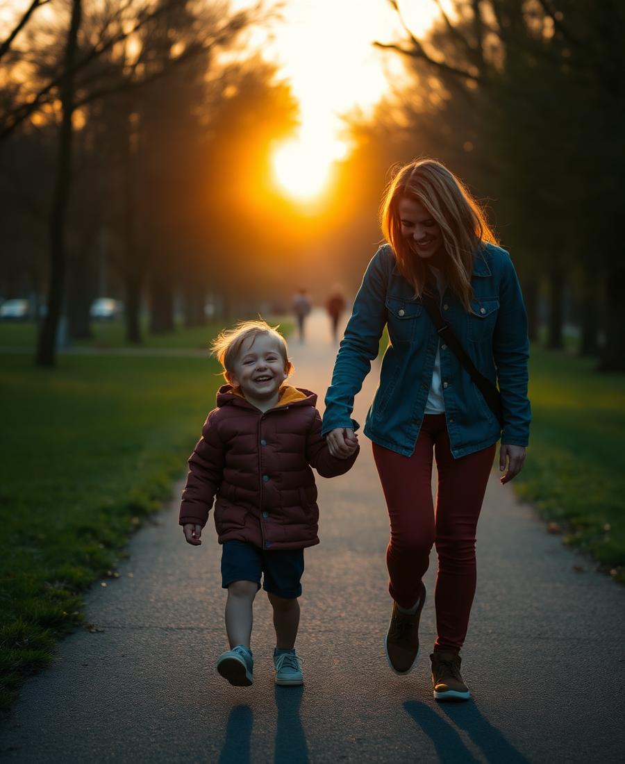 A parent walking outdoors and laughing with their child