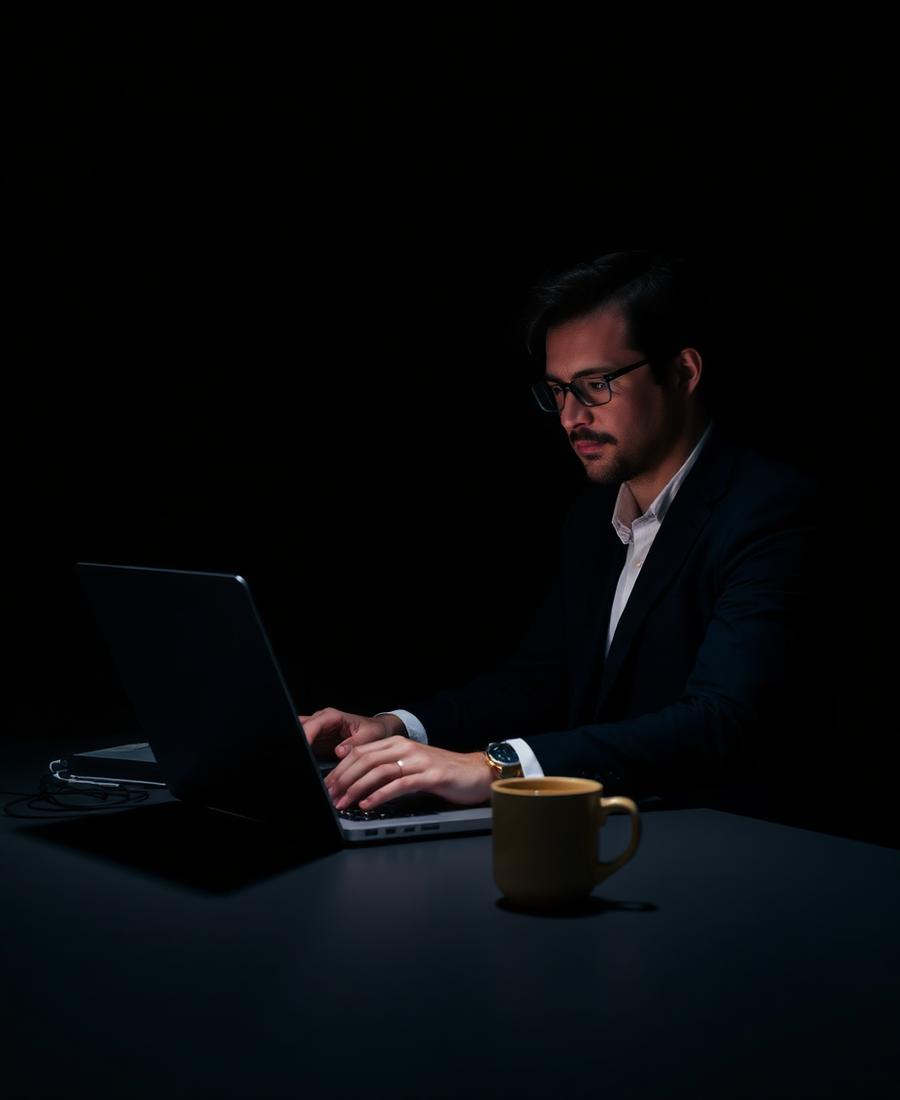 A professional finishing work late with a laptop open and coffee beside them