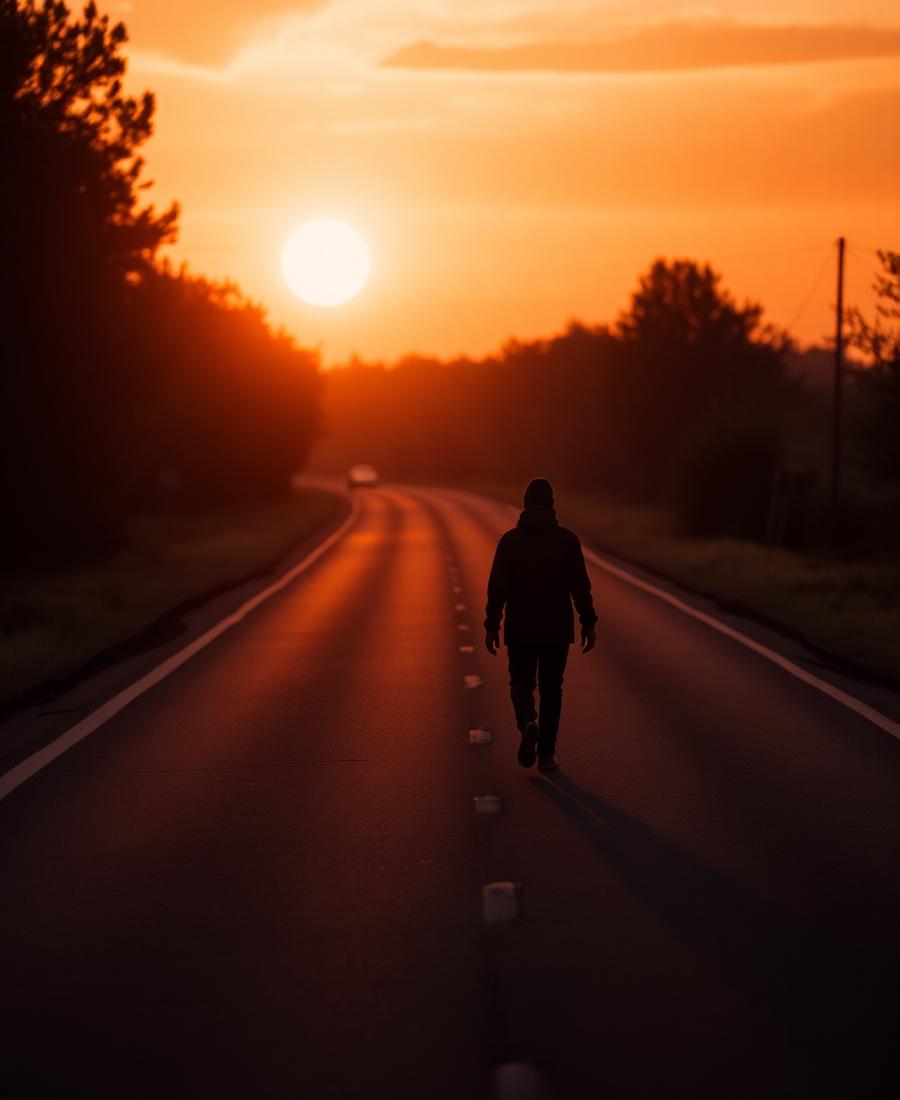 Someone walking alone at sunrise, hopeful rather than sad