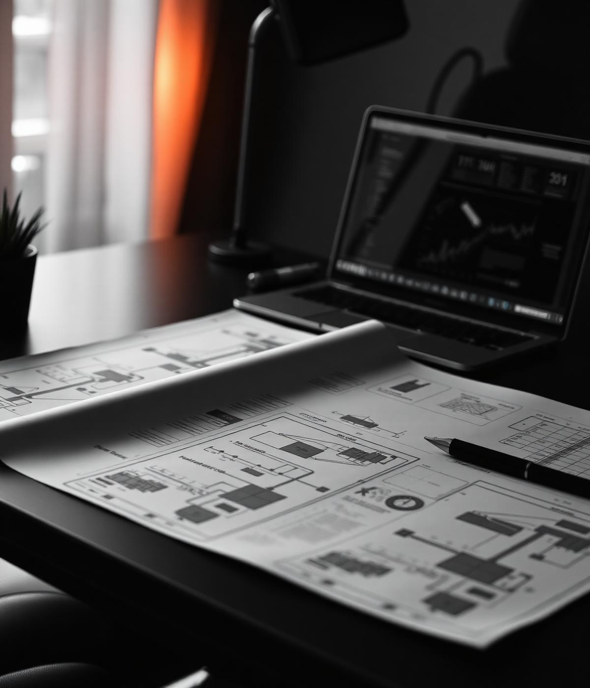Architecture diagrams and system design work on a desk